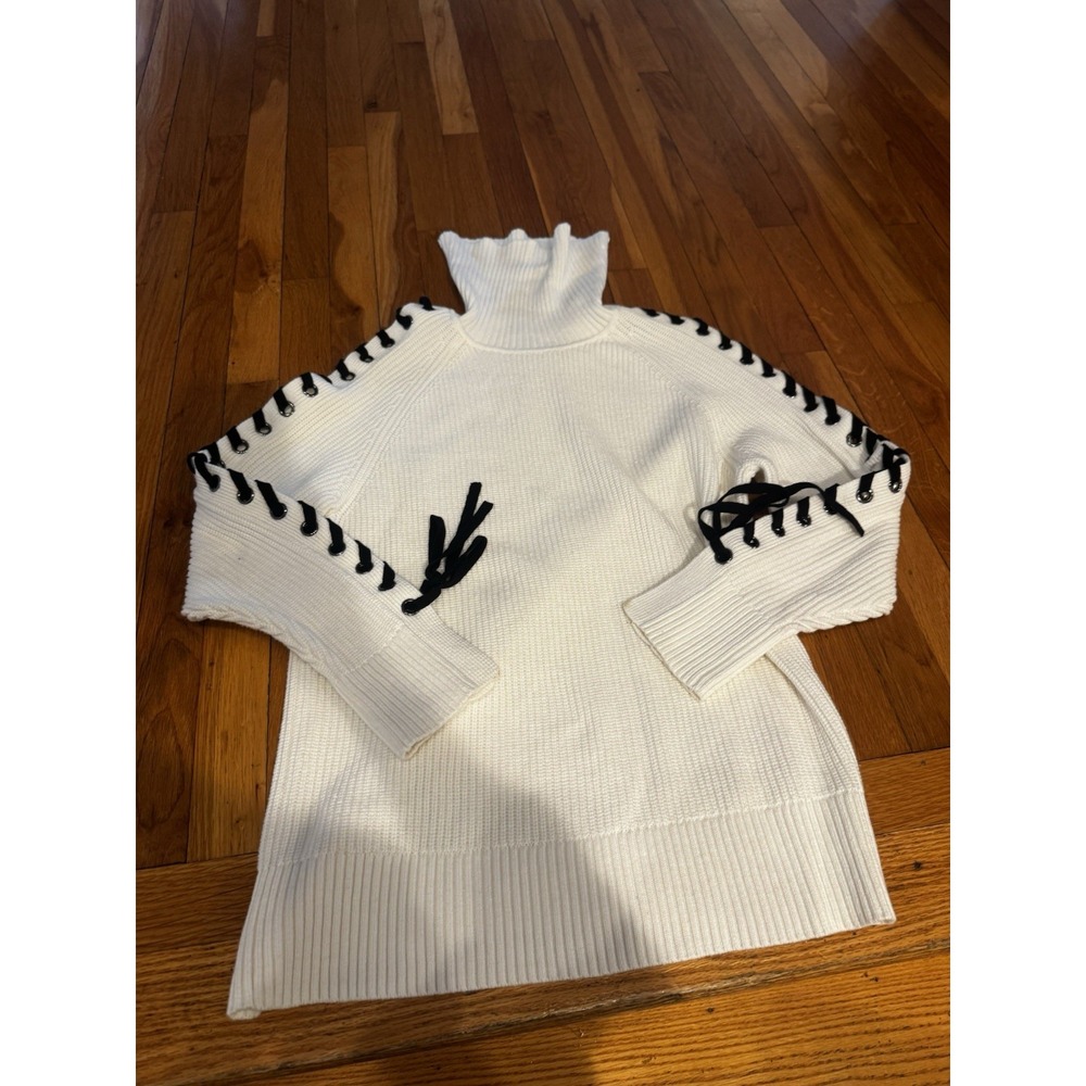 L'agence Women's White Lace Up Sweater Nola Cotton Turtleneck Cozy‎ Sz S